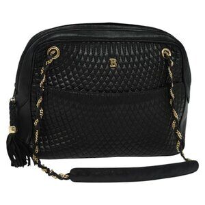 BALLY Chain Shoulder Bag Leather Black Auth